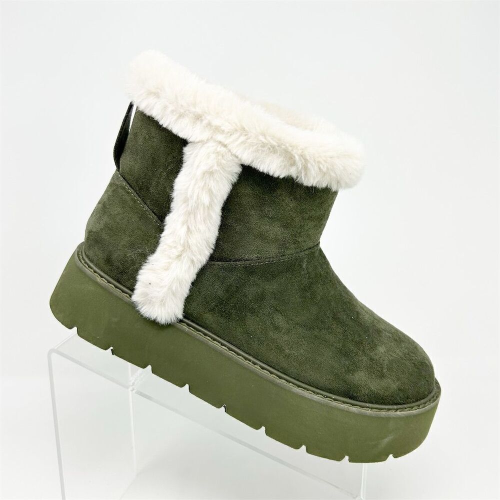 Time and Tru Olive Green Slip-On Memory Foam Boots Size 8 with Faux Fur Trim